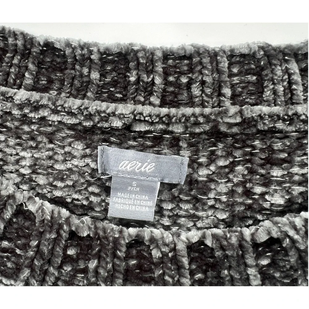 Aerie Women's Chenille Metallic Thread Pullover Sweater Gray Green S Soft Cozy - Picture 2 of 6